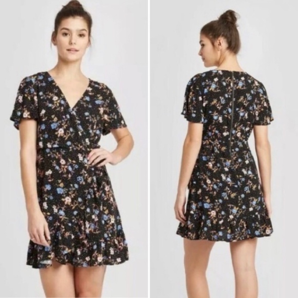 CLEARANCENWOT Black Pink Blue Floral Faux Wrap Mini Dress